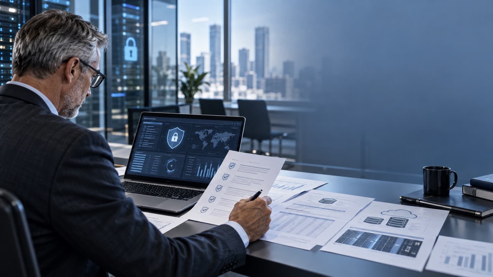 Executive reviewing cybersecurity evidence and control documentation