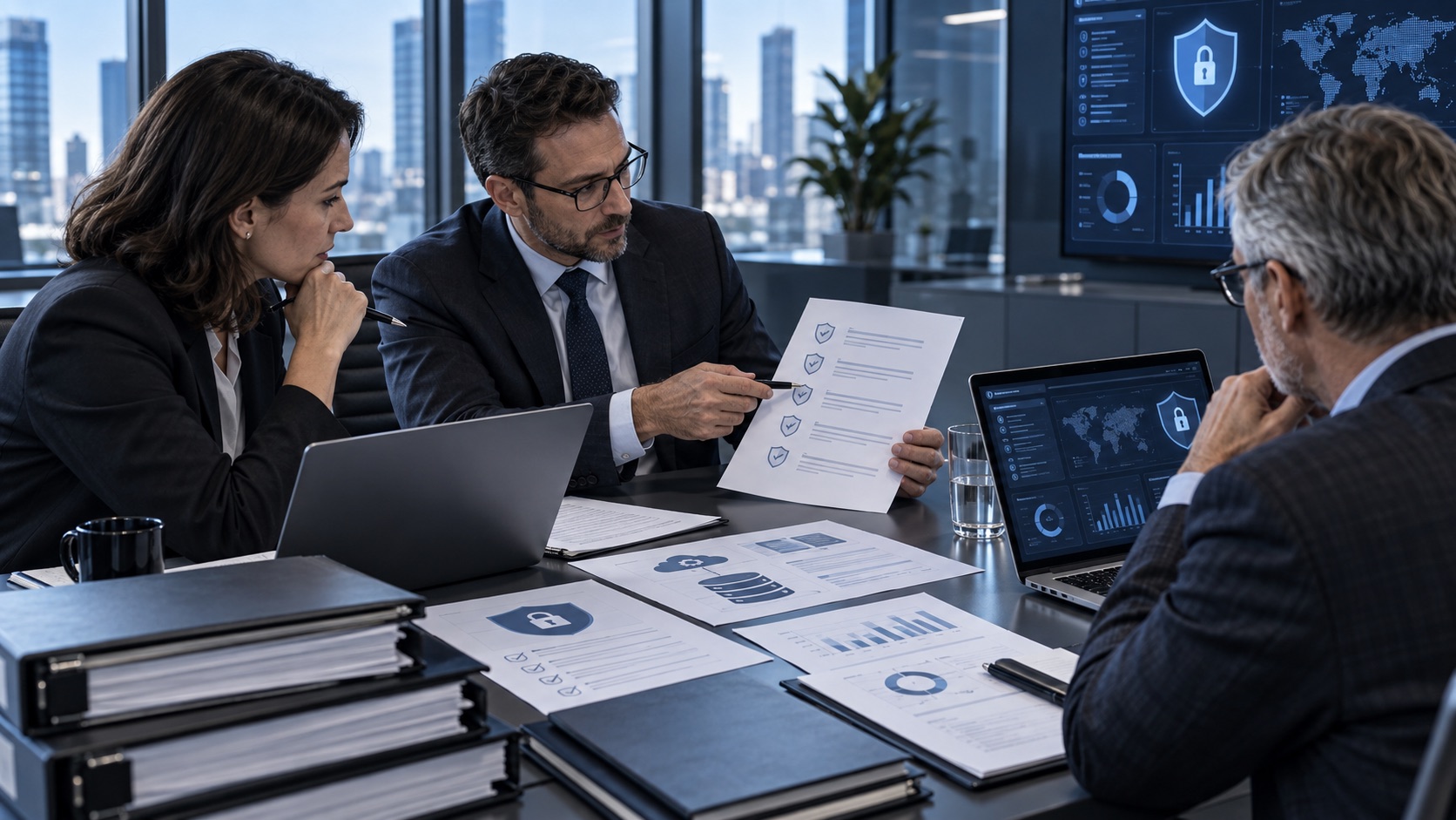 Team reviewing cybersecurity control documentation and evidence
